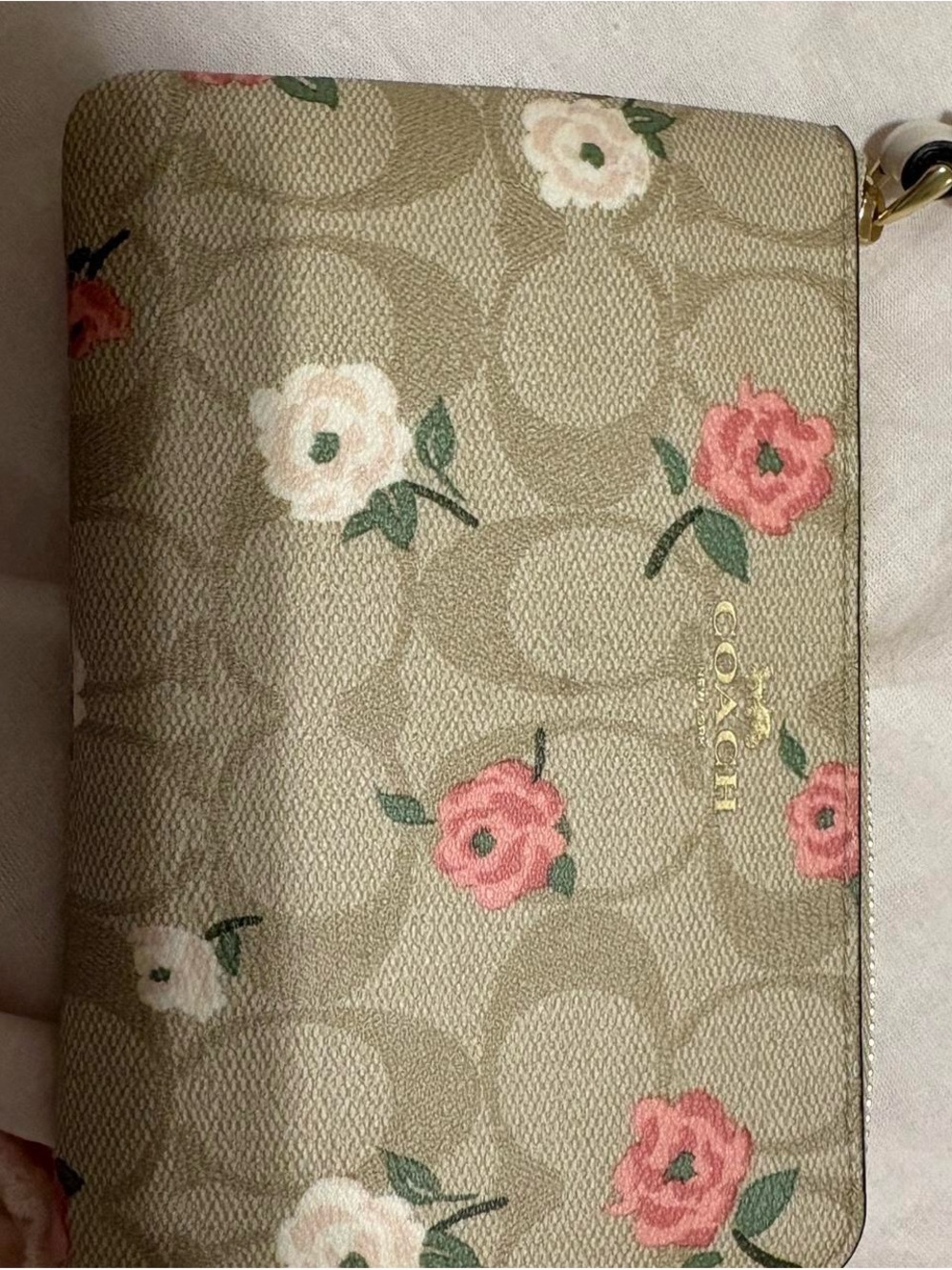 Coach Beige Floral Signature Canvas Wristlet with Pink Accents